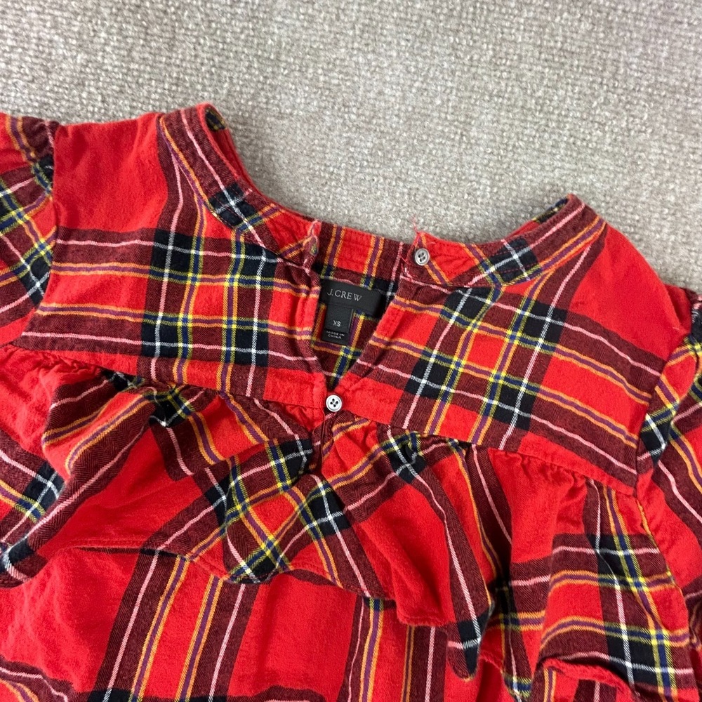J Crew Flannel Blouse Top Women XS Multicolor Tartan Plaid Ruffled Detail Cotton